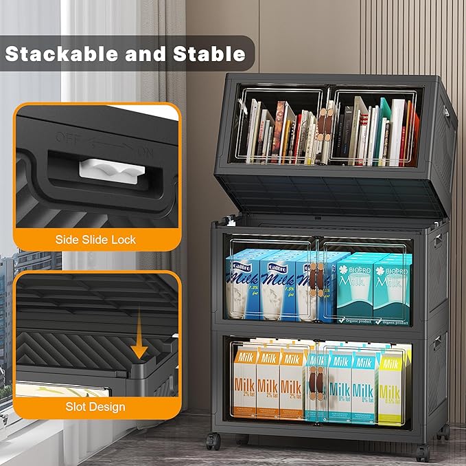 UAMFURI Stackable Storage Bins with Lids, Extra Large Plastic Organizer Cabinet Drawers, 144QT Collapsible Closet Containers with Doors and Wheels,For Bedroom, Kitchen, Office, Garage,(3Pack Cube)