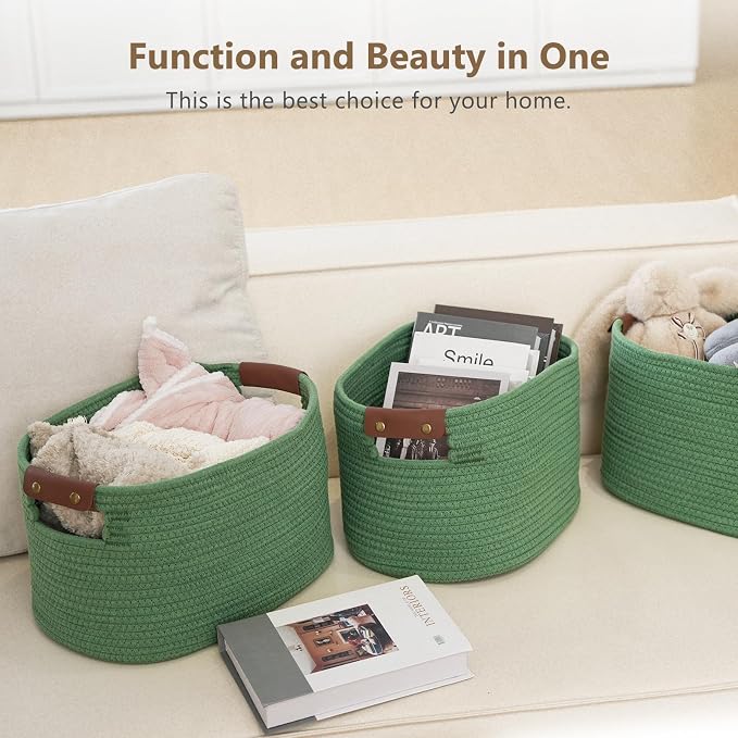 ECDYQXVU 15x10x9 Woven Cotton Rope Storage Basket, Leather Handles 1 Pack | Foldable Design, Sturdy PU Handles, Easy to Clean Organizer for Living Room, Closet, Shelves, Bedroom, Laundry, Clothes