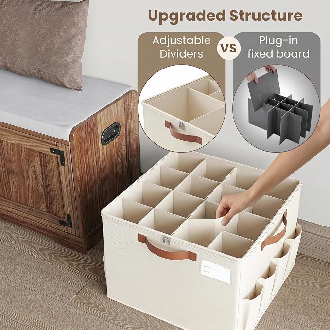Varhomax Shoe Organizer Box for Closet, Fabric Shoe Storage Bin with Adjustable Dividers & Clear Cover, Holds up 16-32 Pairs of Sneakers & Sandals for Entryway, Cubby, Beige 2 Pack