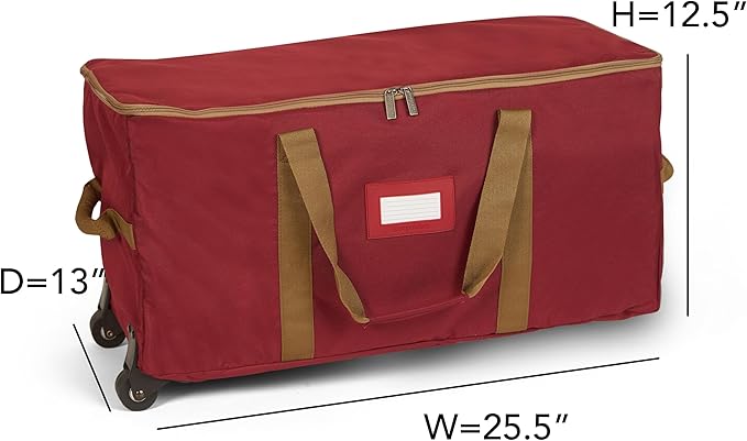 Covermates Keepsakes Rolling Adjustable Ornament Storage Bag – Heavy-Duty Polyester, FlexGrid Trays & Padded Dividers – Protective Holiday Organizer with Wheels, Handles & ID Window, Red