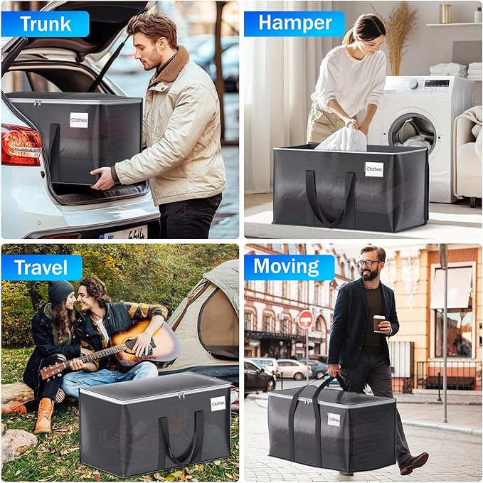 ElegantArray 8 Pack Moving Bags Heavy Duty, Moving Boxes, Storage Bags with Zipper & Handles & Tag for College & Dorm Moving Supplies Grey Laundry Hamper Bag, Foldable Space-saving Totes (76L, Grey)