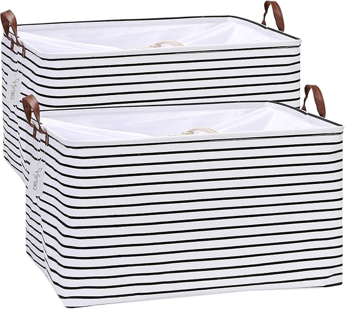 Hinwo 70L Extra Large Storage Bins, 2-Pack Closet Organizers and Storage, Foldable Clothes Storage Baskets with Handles, Containers for Clothing, Blanket, Comforters, Toys, Bedding (Black Stripe)