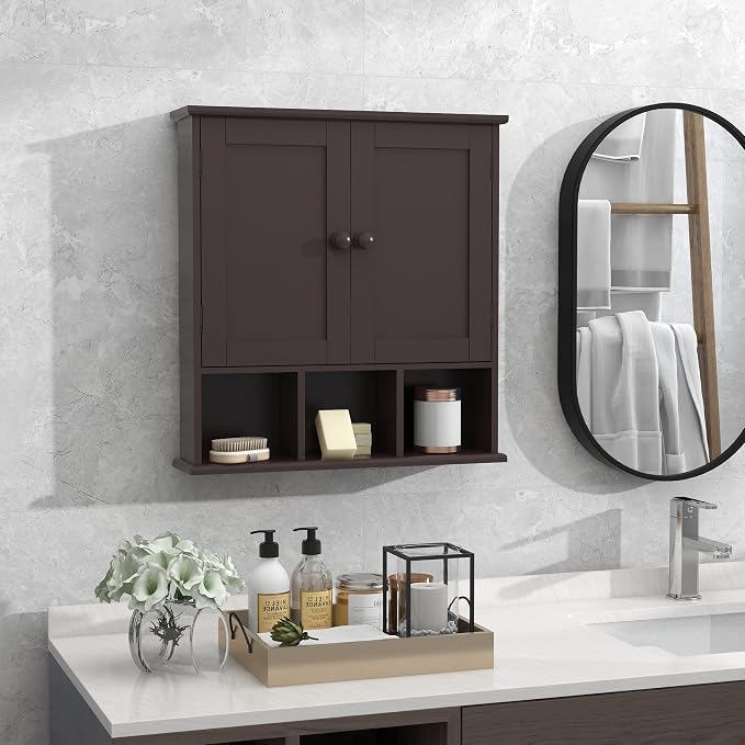 TaoHFE Brown Medicine Cabinets,Bathroom Wall Cabinet with 2 Door Adjustable Shelves,Over The Toilet Storage Cabinet,Espresso Bathroom Cabinet Wall Mounted for Laundry Room Kitchen