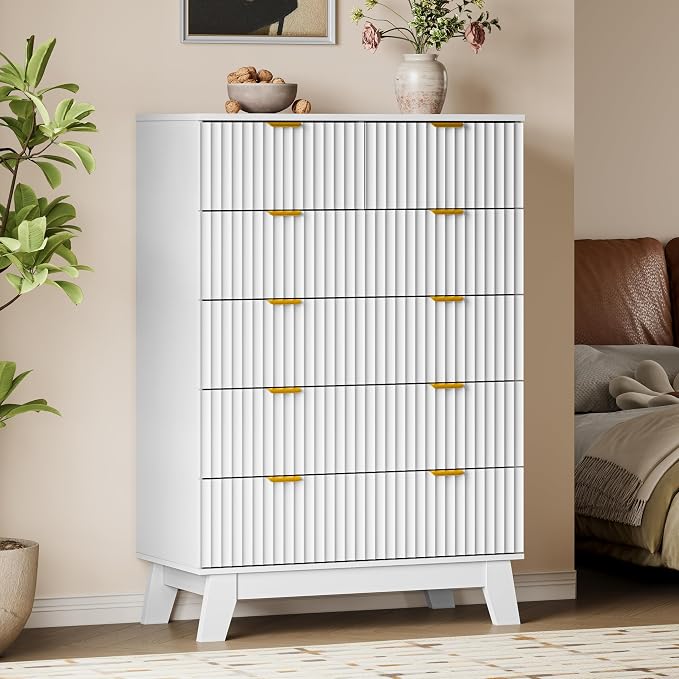 BORNOON 46" Tall Dresser for Bedroom, 6-Drawer Fluted Chest of Drawers, Modern Wood Highboy with Deep Storage, Metal Slides and Handles, Anti-Tip Kit, Vertical Clothes Organizer for Apartment, Nursery