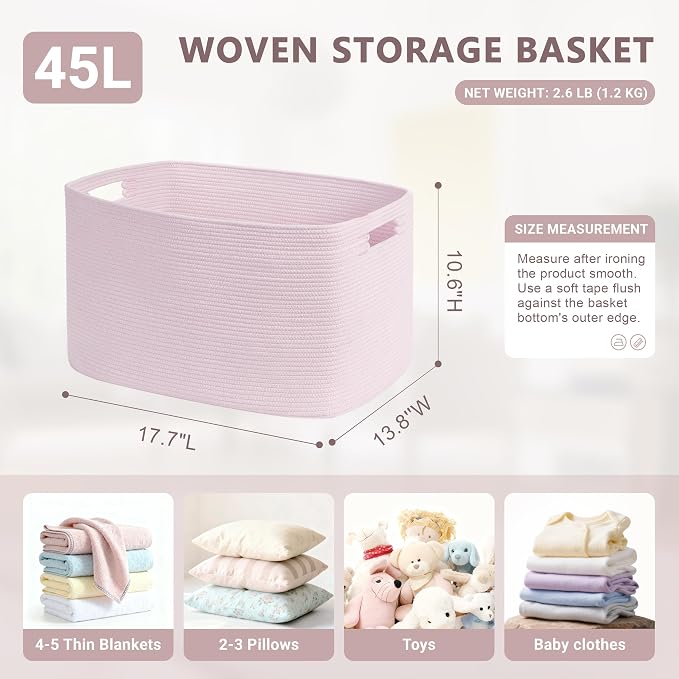45L Small Woven Laundry Basket Hamper with Handles, Pink | 18"x14"x11", collapsible wicker hamper, storage for dirty clothes, toys, blankets, gifts, living room, bedroom, bathroom