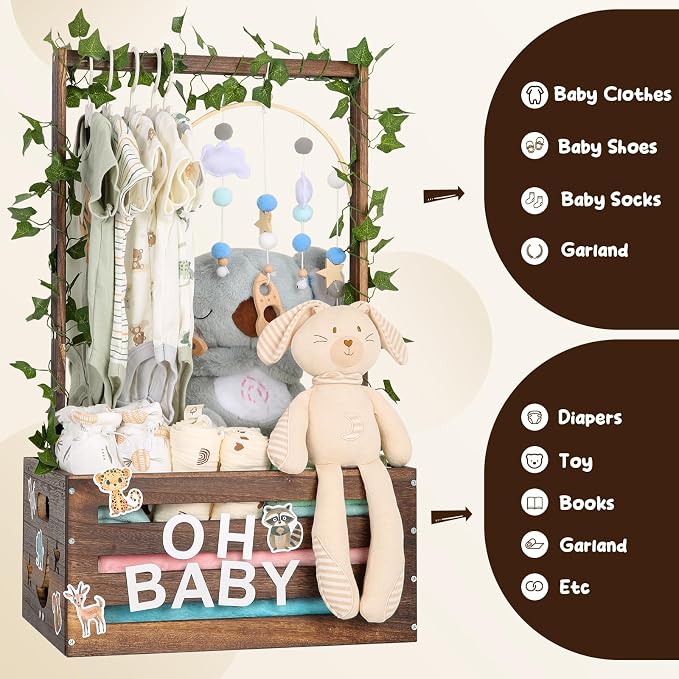 Large Baby Shower Gifts Basket Wooden Crate, Personalized Wooden Letters Hangers New Born Baby Girl Boy Gifts Vine Decorations Closet with Adjustable Handle Pregnancy Gifts for New Mom Parents Brown
