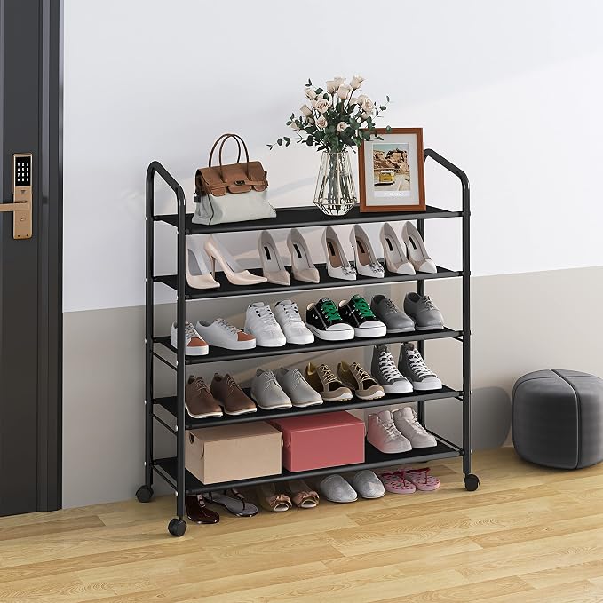 5 Tier Black Metal Shoe Rack Organizer Shoe Stand,Sturdy Rolling Shoe Shelves Storage Racks Organizer for Garage Entryway Closet Floor,with Wheels,31 Inches Wide,Fabric Shelves