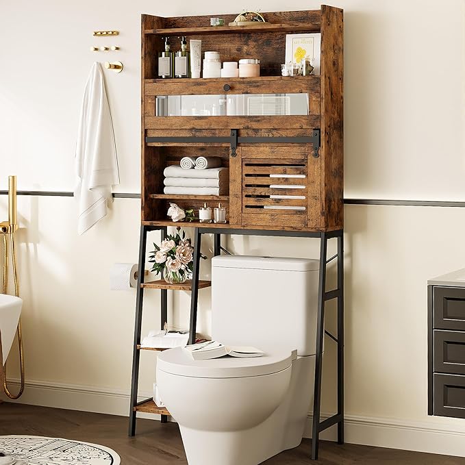 IRONCK Over The Toilet Storage Cabinet with Sliding Barn Door | 5-Tier Farmhouse Bathroom Organizer with Side Open Shelves, Freestanding Space Saver, Adjustable Shelf, Vintage Brown