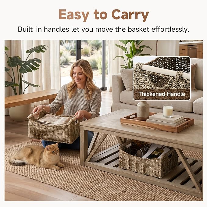 StorageWorks Large Wicker Baskets for Organizing, Seagrass Storage Baskets with Handles, Woven Baskets for Pantry Storage, 16½" x 13" x 7½", 1-Pack