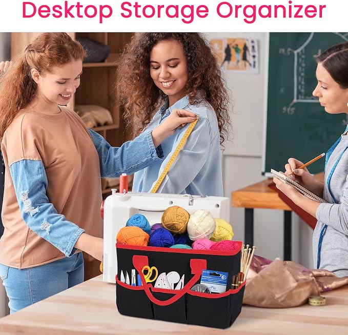 Desktop Tote and Organizer, Teacher Helper caddy Bag for Arts, Books, Stationery, Office Desk Organization, Make-up Storage with Handles for Travel (Black)