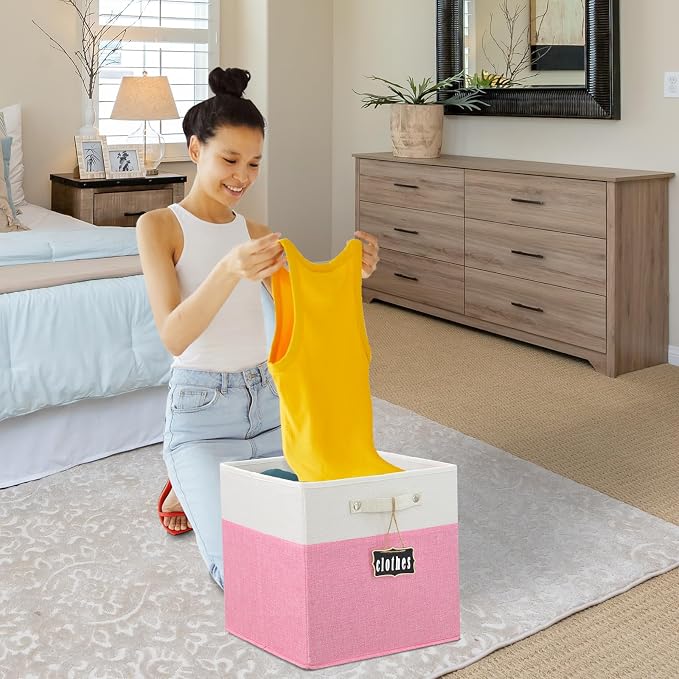 Storage Cubes,13 x 15 x 13 storage cubes,Foldable Fabric Storage Cubes with Labels 4 Pack,Linen Cube Storage Organizer Bins Kallax Storage Cubes for Organizing Shelves Cabinet(White pink).
