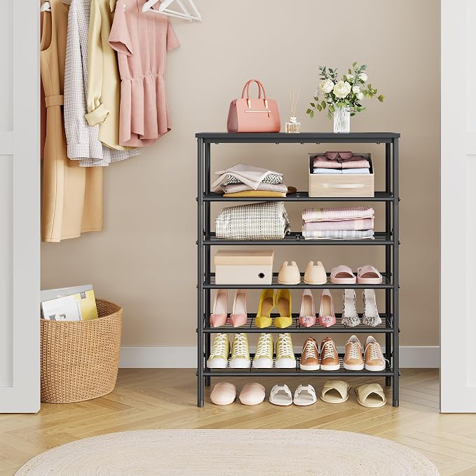 Tajsoon 6 Tier Shoe Rack for 20-24 Pairs of Shoes, Black | X Shape Fixed Frame, Metal Mesh Shoe Shelf, Industrial, For Closet, For Entryway Shoe Storage