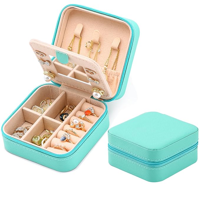 Neveika Jewelry Box with Mirror,Small Jewelry Organizer Box，Travel Jewelry Case for Women，Gift Jewelry Boxes for Female Girls (2pcs mirror blue)