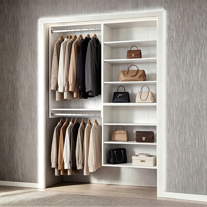 28.5" Double Hanging Closet Module, White MDF Closet Organizer System with 2 Aluminum Hanging Rods, Wall-Mounted Wardrobe Storage for Shirts, Pants, Coats, Bedroom, Walk-In Closet Unit