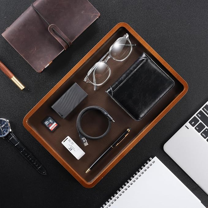 ProCase Wood Valet Tray for Men, Key Tray, Desk & Nightstand -DarkBrown | Wood Catch-All EDC Tray for Nightstand Decor, Desk & Entryway, Holds Keys, Wallets, Watches, Phones & Coins
