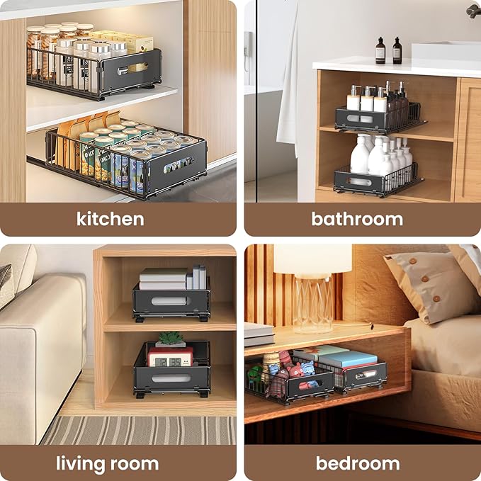 Pull Out Cabinet Organizer, 4 Pack Heavy Duty Slide Out Drawers Pantry Shelves Fixed With Strong Adhesive Glue and Handle for Kitchen, Living Room, Bathroom, Home (14.8" D X 9.6" W X 3.9" H)
