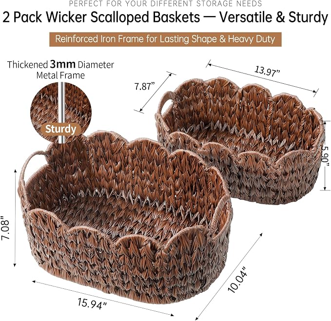 Coeusy Wicker Scalloped Basket Set of 2,Woven Storage Baskets for Shelves,Closet,Laundry,Gift,Towels,Books,Toys,Waterproof Cute Decor Basket for Organizing,Brown