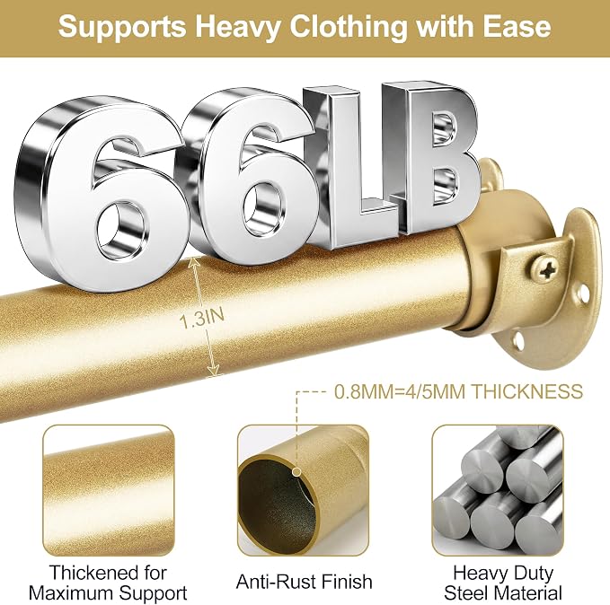 Adjustable Closet Rod for Hanging Clothes, 17-84inch Heavy Duty Metal tension clothes rod，1.3Inches Closet Pole with Hardware Kit for Closet Organization Laundry Room RV, Gold