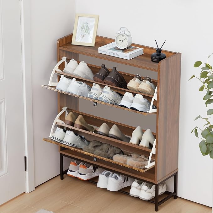 RARZOE Set of 2 Fluted Shoe Cabinets for Entryway with 2 Flip Drawers, Narrow Wood Shoe Cabinet with Fluted Panel, Freestanding Hidden Shoe Rack with Metal Legs for Foyer,Hallway(31.5''Walnut)