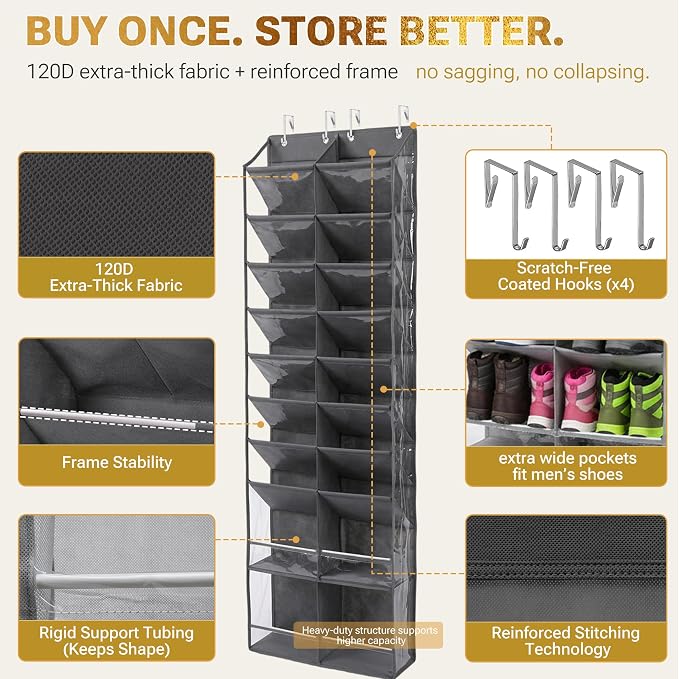 HOMELUX THEORY 10 Tier Hanging Shoe Organizer – Shoe Rack for Closet with Deep Pockets, Shoe Rack for Entryway, Over the Door Shoe Organizer for Closet for Boots & Sneakers (Light Gray)