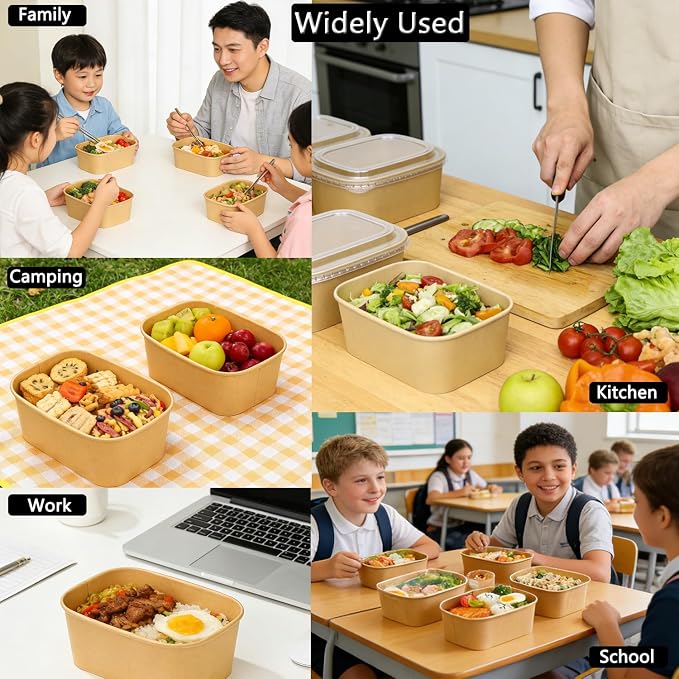 25 Pack 35oz Disposable Kraft Paper Bowls with Lids and Forks, Rectangular Meal Prep Containers, Microwave Safe for Hot/Cold Food