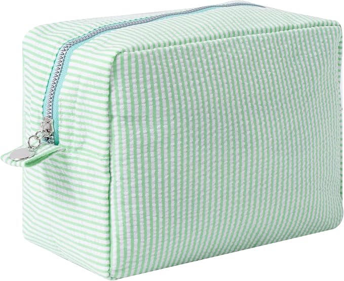 Large Capacity Striped Pencil Case Cosmetic Bag with Zipper Portable Stationery Organizer Pouch for School Students Teens Travel Toiletry Bag (Green)