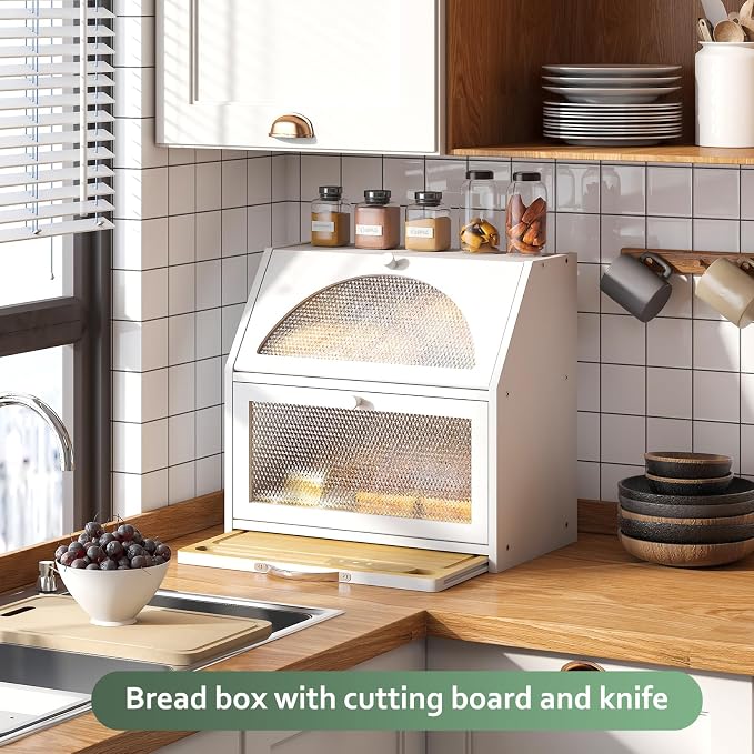 STDDRE Bamboo Bread Box with Cutting Board, Double Layer Extra Large Bread Storage Bin with Door Panel for Kitchen Counter (White)