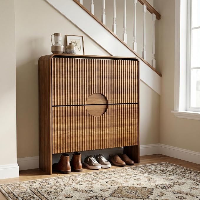 Slim Shoe Storage Cabinet for Entryway, Narrow Shoe Cabinet with 2 Tier Flip Drawers Doors, Fluted Hidden Shoe Rack Organizer for Entrance, Entry Way, Foyer, Hallway, Walnut
