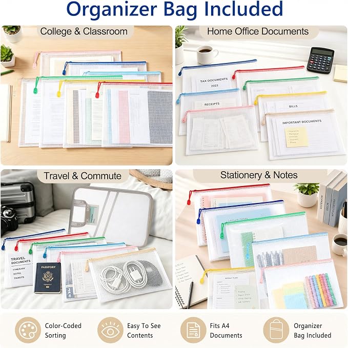 7 Pack PVC Mesh Zipper Pouch Set with 1 Organizer Bag A4/Letter Size Translucent File Bags Water-Resistant Plastic Document Pouches for Office College School & Travel Supplies (8pcs)