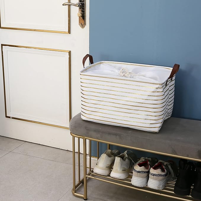 Hinwo 31L Large Storage Bins, 4-Pack Closet Organizers and Storage, Foldable Clothes Storage Baskets with Handles, Containers for Clothing, Blanket, Towels, Toys, Bedding (Gold Stripe)