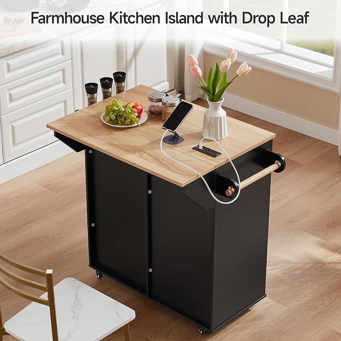 ONBRILL 31.5" Farmhouse Kitchen Island with Drop Leaf & Power Outlet, Rolling Kitchen Cart with Sliding Barn Door, Portable Island Table with 3 Drawers, Spice Rack & Towel Holder