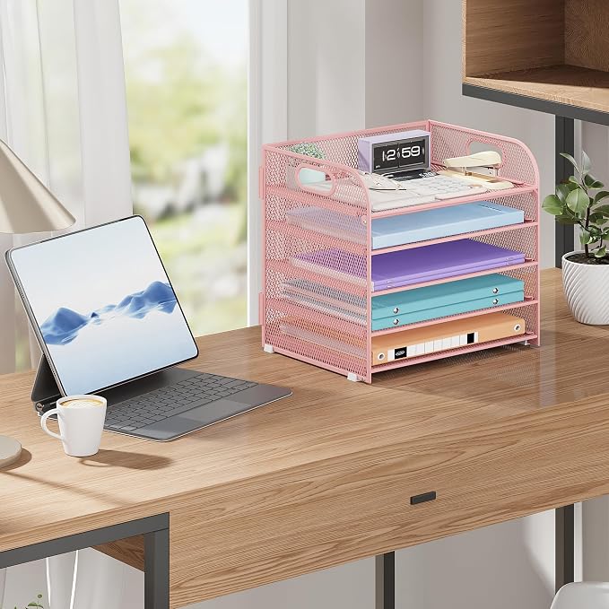Cawukege 2 Pack 5 Tier Paper Organizer, Letter Tray with Handle, Mesh Desk Organizer, Metal File Organizer, Office Desk Accessories for Home, Office, Classroom, School -Pink