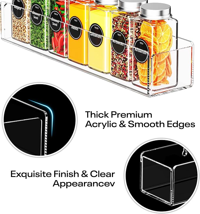 Wall Mounted Acrylic Spice Rack 2 Pack, 12 Inch Clear Pantry Door Organizer, Floating Spice Organizer, Adhesive or Screw Mounted Cabinet Seasoning Shelf