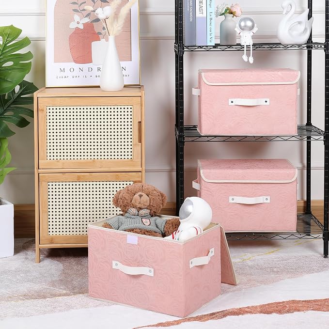 Lucky Monet Cute Storage Bin Boxes with Lids Washable Decorative Storage Boxes Pink Lidded Storage Baskets Collapsible Fabric Box Cubes with PU Leather Handles for Shelf Closet, 3 Pack Pink, Large