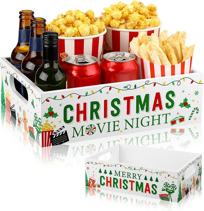 Movie Night Supplies Snack Trays with Handles Reusable Wooden Movie Gift Basket for Theater Popcorn Bucket Bowl Box Container Family Room Decor(Christmas Style 2)