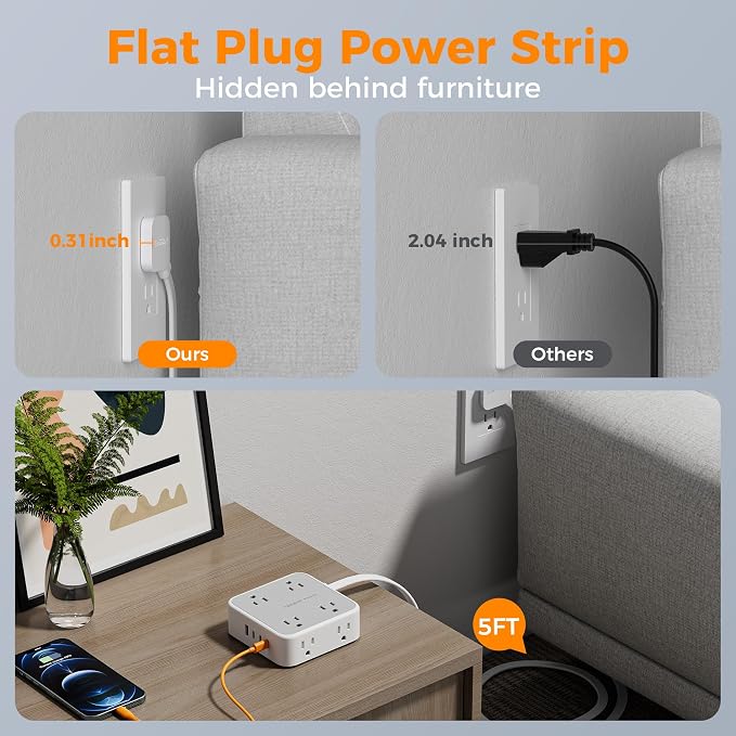 TESSAN Surge Protector Power Strip, 5 Ft Flat Plug Extension Cord with 4 USB (3 USB C) 8 Outlets, 1875W, 900J Protection, 3 Sided Outlet Extender with Power Switch for Office, Dorm Room, Grey