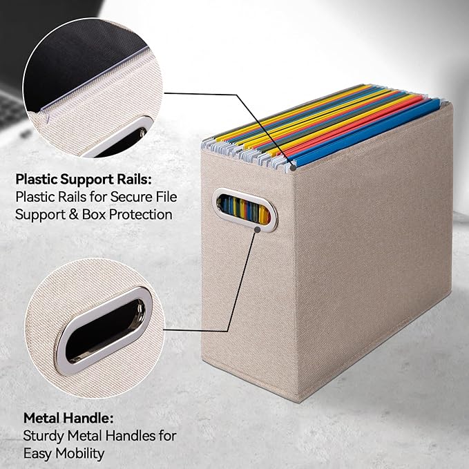 2 Pack Letter Size File Storage Box Collapsible, Fabric Hanging File Folders Organizer, Portable Office Document Holder with Metal Handle, Smooth PVC Rails, Beige