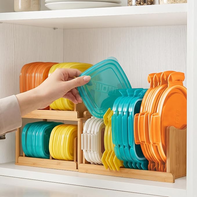YIGII 2-Tier Bamboo Container Lid Organizer with Dividers for Cabinet | Natural Bamboo, Moisture-Resistant, Removable Dividers, 2-Tier or Separate, for Drawers Countertops, Fits Small to Large Lids