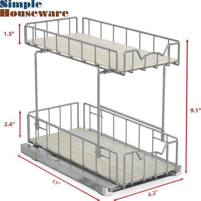 Simple Houseware 2-Tier Spice Rack Slide Out Wire Basket Drawer, Silver | 2-Tier Spice Rack Slide Out Wire Basket Drawer Organizer