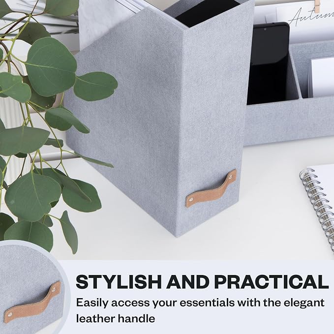 Bigso Estelle Magazine File - Magazine Holder and Organizer for Papers and Catalogs with Leather Handle - Magazine File Holder for Office Desks - 12.6 in x 4.5 in x 9.8 in - Ash Ballard