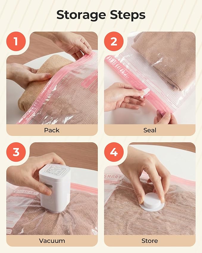 BAGSMART Vacuum Bags for Travel with Rechargeable Air Pump, Portable Space Saver Bags for Travel & Home, Vacuum Compression Seal Bag for Clothing, Blanket, 15 Pack-Pink