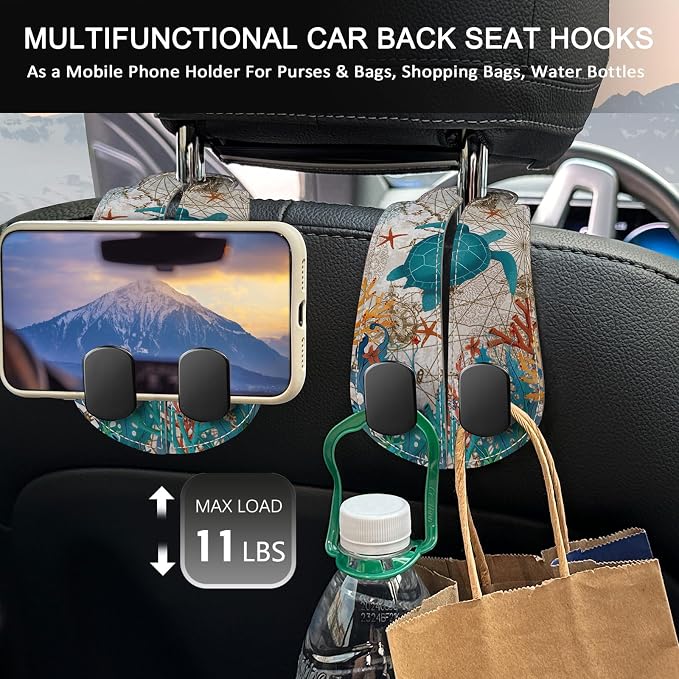 Blusabaca 2PCS Car Seat Headrest Hooks, Purses Bags Holder, Sea Turtle | PU Leather, Double Metal Back Storage Hangers for Grocery Bags Handbags Bottles Coats Phones, Car Accessories Organization