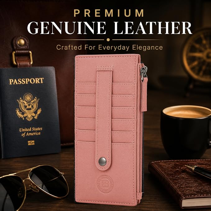 Leatherboss Genuine Leather All in One Card Case Holder Slim Wallet With a Card Protection Strap, Peach