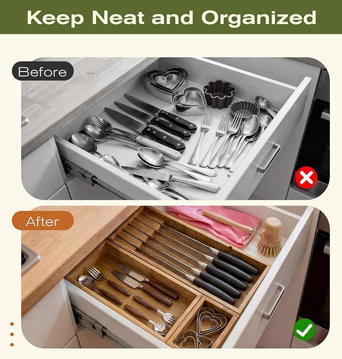 KOCWELL Bamboo Drawer Organizer with Knife Block, 3 Removable Silverware Drawer Organizer Bins - Multi-Use for Kitchen Utensils, Office, Makeup, Tools Storage