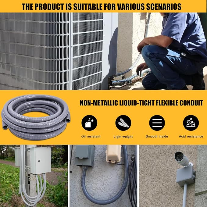Liquid-Tight Conduit 1inch 25 Foot, Flexible Non Metallic Liquid Tight Electrical Conduit and Connector Kit, with 5 Straight and 3 90-Degree Connector Fittings, 1" Dia