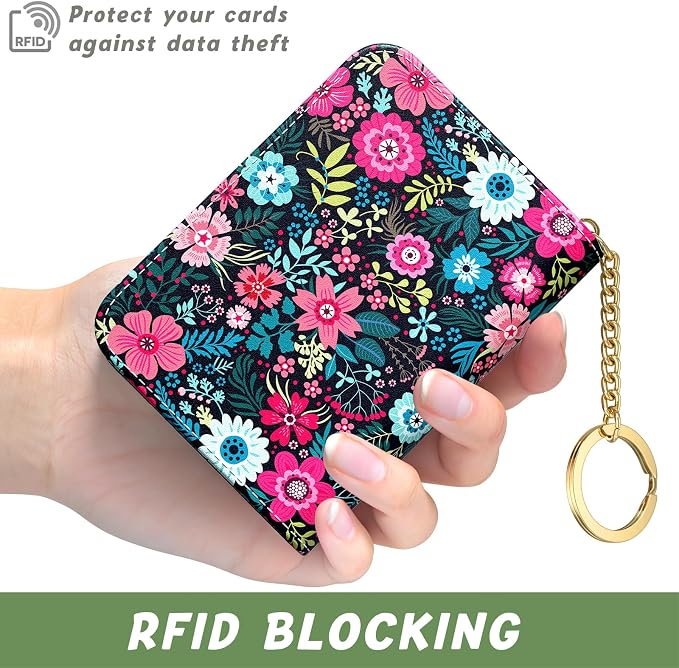 Aiawoxc Credit Card Holder, Small RFID Wallet Slim Leather Card Organizer Case with Zipper and Keychain, Elegant Flowers