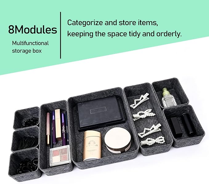 8Pack Drawer Organizer Compatible with Alex, Felt Desk and Makeup Drawer Organizers, Soft Storage Bins for Office, Vanity, Bedroom, and Dresser Drawers
