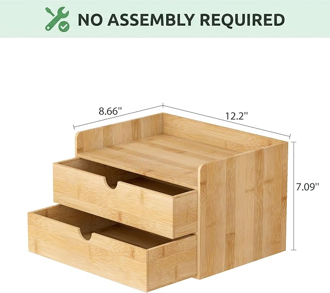Bamboo Desk Organizer with Drawers, Desktop Storage for Office Supplies | 2 Drawers Desktop organizer, No Assembly Required, Natural Wood Wooden Desktop Drawers Box for Bills, Cosmetics, Seals, Paper