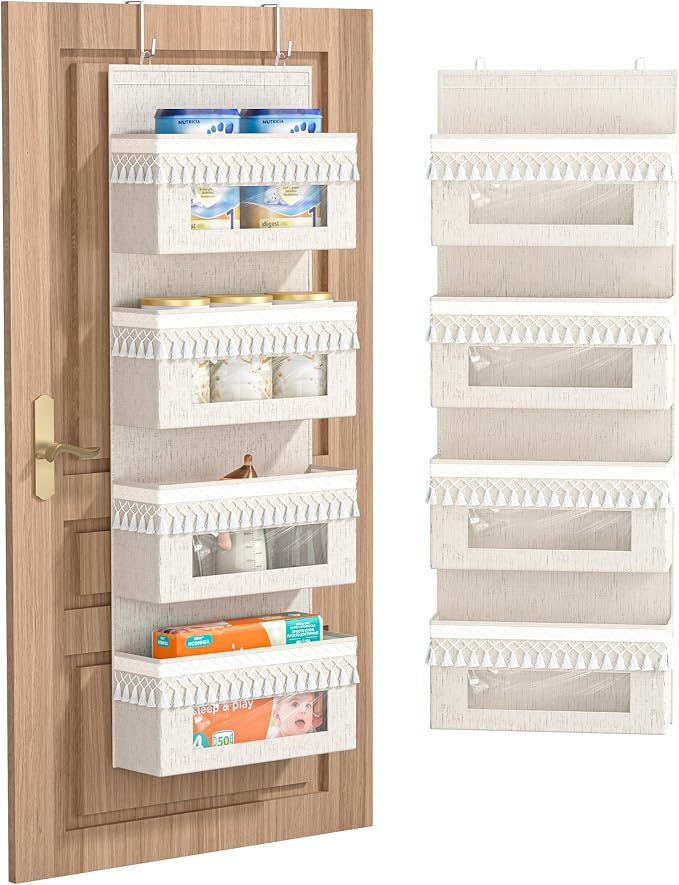 Aokeyee 4 Tier Over Door Organizer Nursery with Tassels and Clear Window | 55lb Boho Door Organizer Hanging, Behind the Door Storage for Bedroom Bathroom