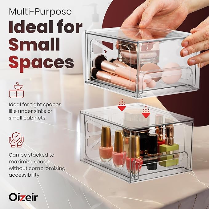 Oizeir Clear Stackable Storage Drawers - 4-Pack Acrylic Makeup Organizer Bins for Vanity, Bathroom, Countertop, Cabinet, or Kitchen - Perfect for Cosmetics, Office, and Small Item Organization